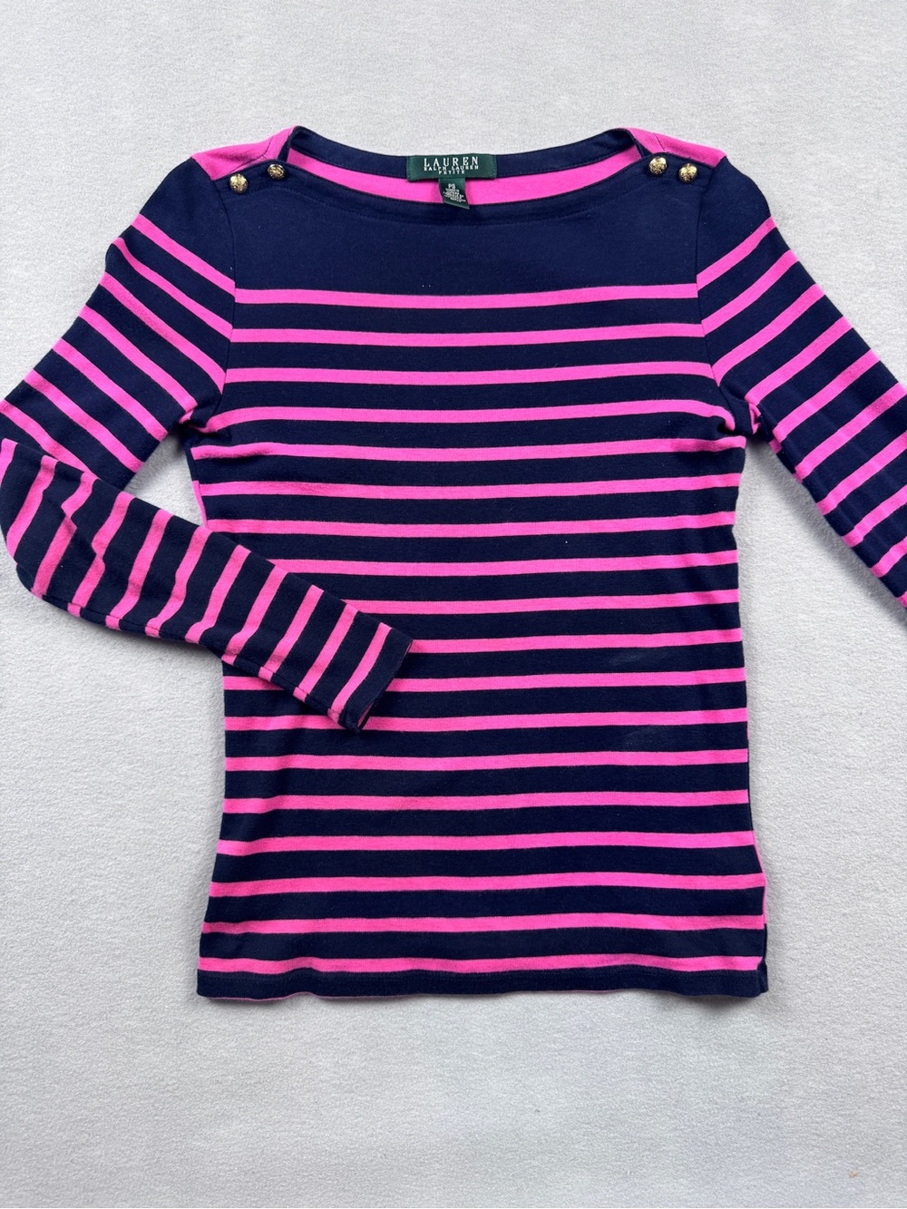 Lauren Ralph Lauren Shirt Womens Petite Small Pink & Blue Nautical Boat Neck